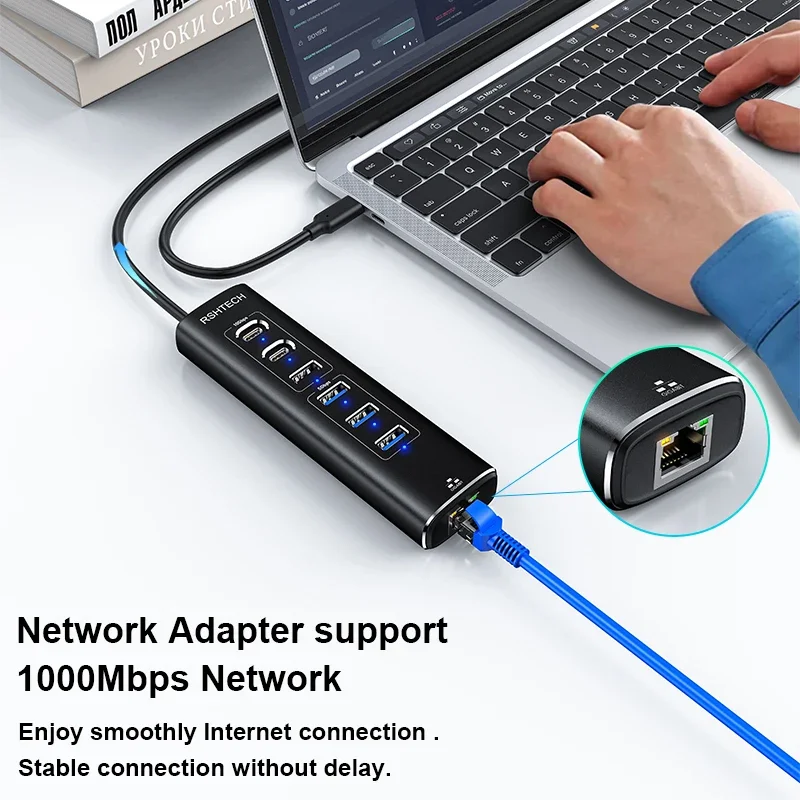 RSHTECH USB Ethernet Hub 7-IN-1 10Gbps Tipo C Splitter RJ45 Gigabit Lan Adattatore di rete Espansore multiporta per laptop MacBook PC