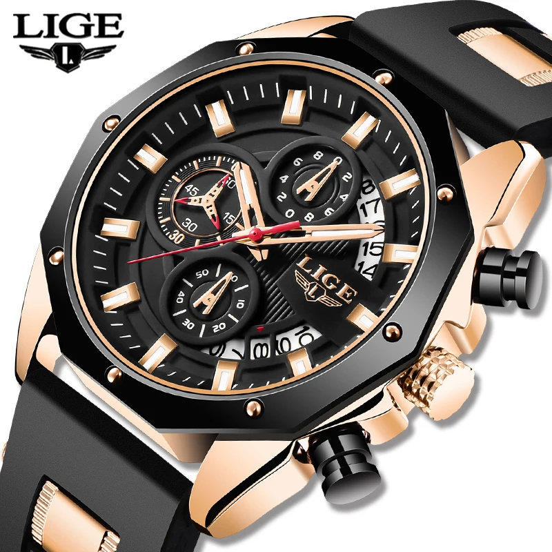 LIGE Mens Watch Brand Luxury Silicone Waterproof Sport Quartz Chronograph Military Wrist Watches Men Clock Relogio Masculino+Box