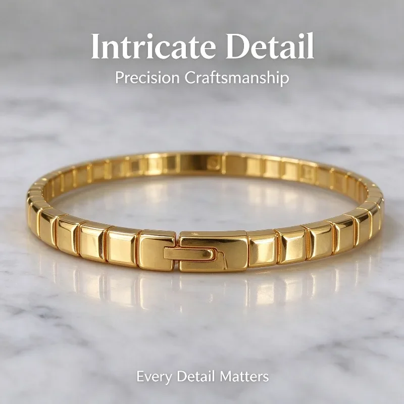 JP One Gold Color Snap-on Block Bangle Bracelet Stainless Steel Trendy Durable Women Fashion Jewelry Gift for Her Party Daily