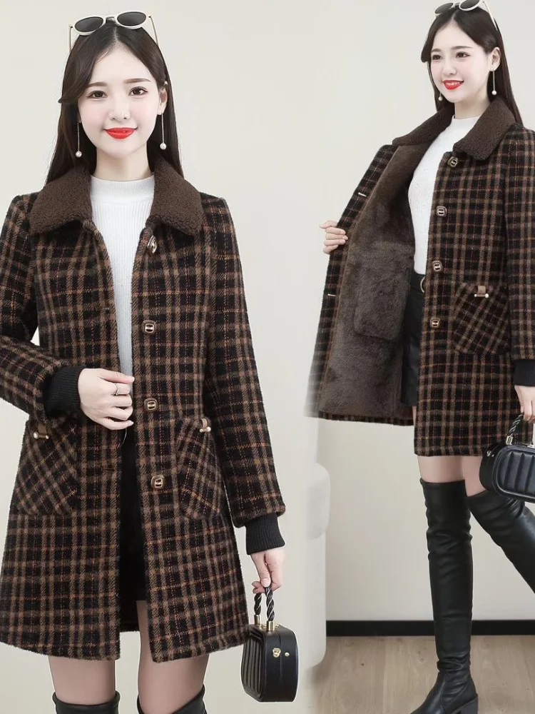

Autumn Winter Plaid Thiened Faux Woolen Coat Women's Faionable Simple Not Plain Warm Fluffy Lined Classic Sle Jaet