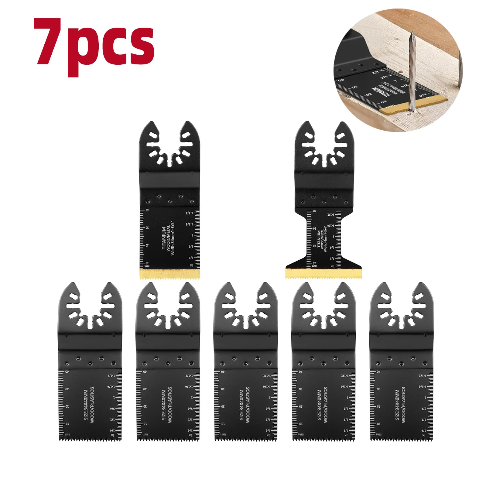 7pcs Titanium Coated Oscillating Blades for Metal, Wood, Nails Cutting, Quick Release, Multi-Function Power Tool Accessories