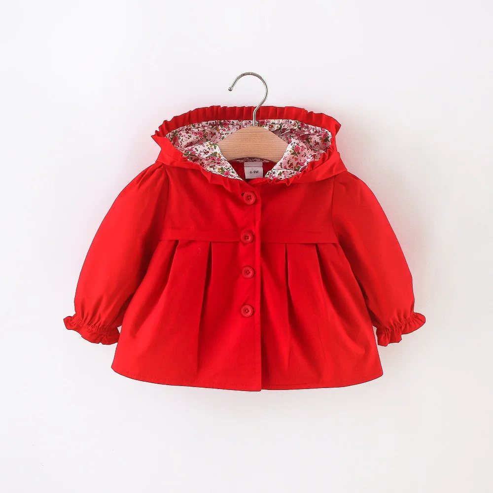 Korean Flower Baby Girls Jackets Spring Autumn Solid Hooded Windbreaker For 0-4 Years Kids Casual Outerwear Baby Trench Coat