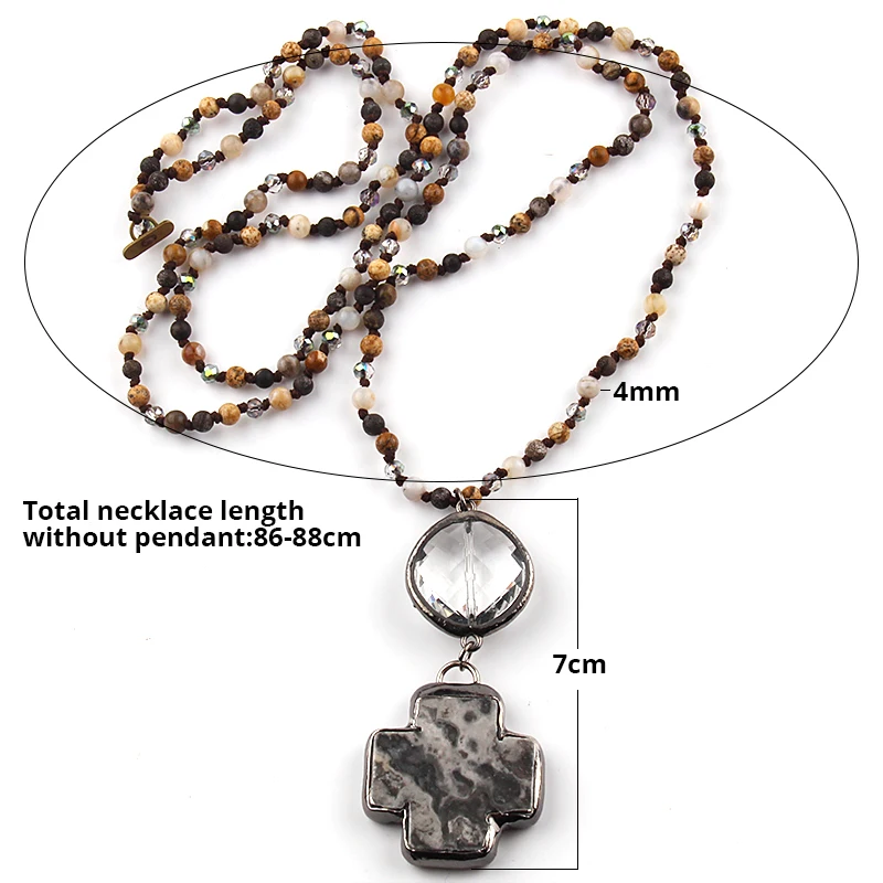 RH Fashion Bohemian Jewelry Necklace 4mm Beaded Stone Knotted Antique Stone Cross Pendant Necklaces For Women Festival Gift