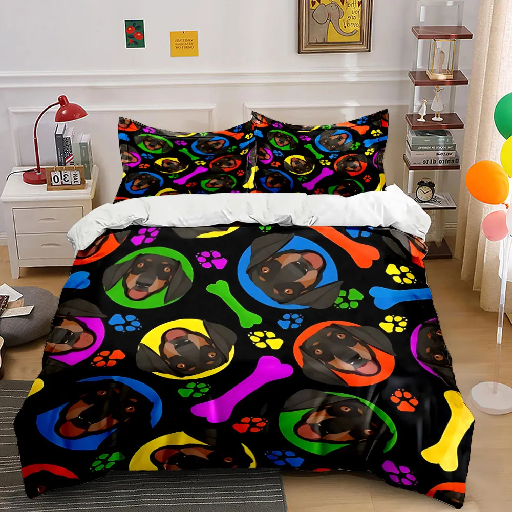 Colorful dog faces and pawprint Print Bedding Set 1 Duvet Cover 2 Pillowcases for Adult and Children Luxury Gift Full Size