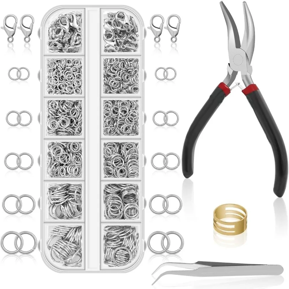 

1200 Pcs Silver Gold Necklace Repair Kit With Plier Tweezer DIY Open Rings Multi-size Ring Jewelry Making Parts Crafts Making