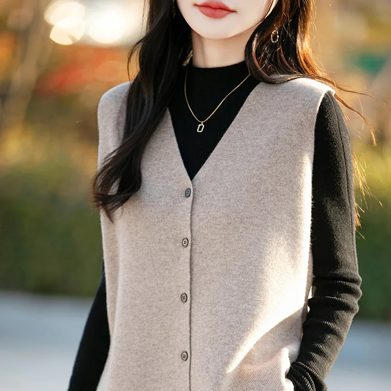 Rompi Wol Murni 100% Rompi Rajutan Kardigan Wanita 2025 Jaket Longgar Baru Rompi Joker Sweter Tanpa Lengan Kerah V Warna Solid