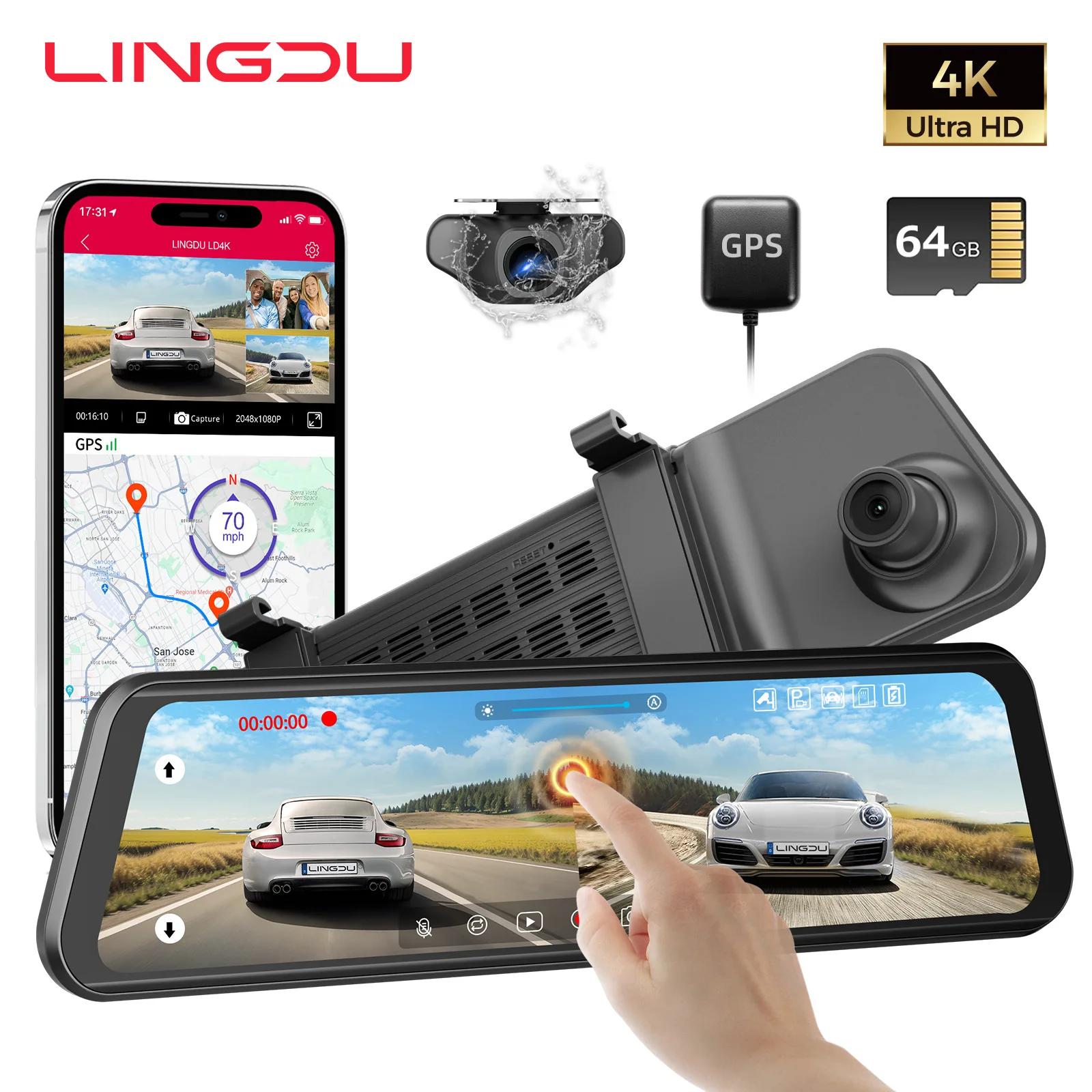 

LINGDU LD4K 12" WiFi GPS Mirror Dash Cam 4K Front and 1080P Rear View Mirror Camera for Car Dual Camera Waterproof Backup Camera