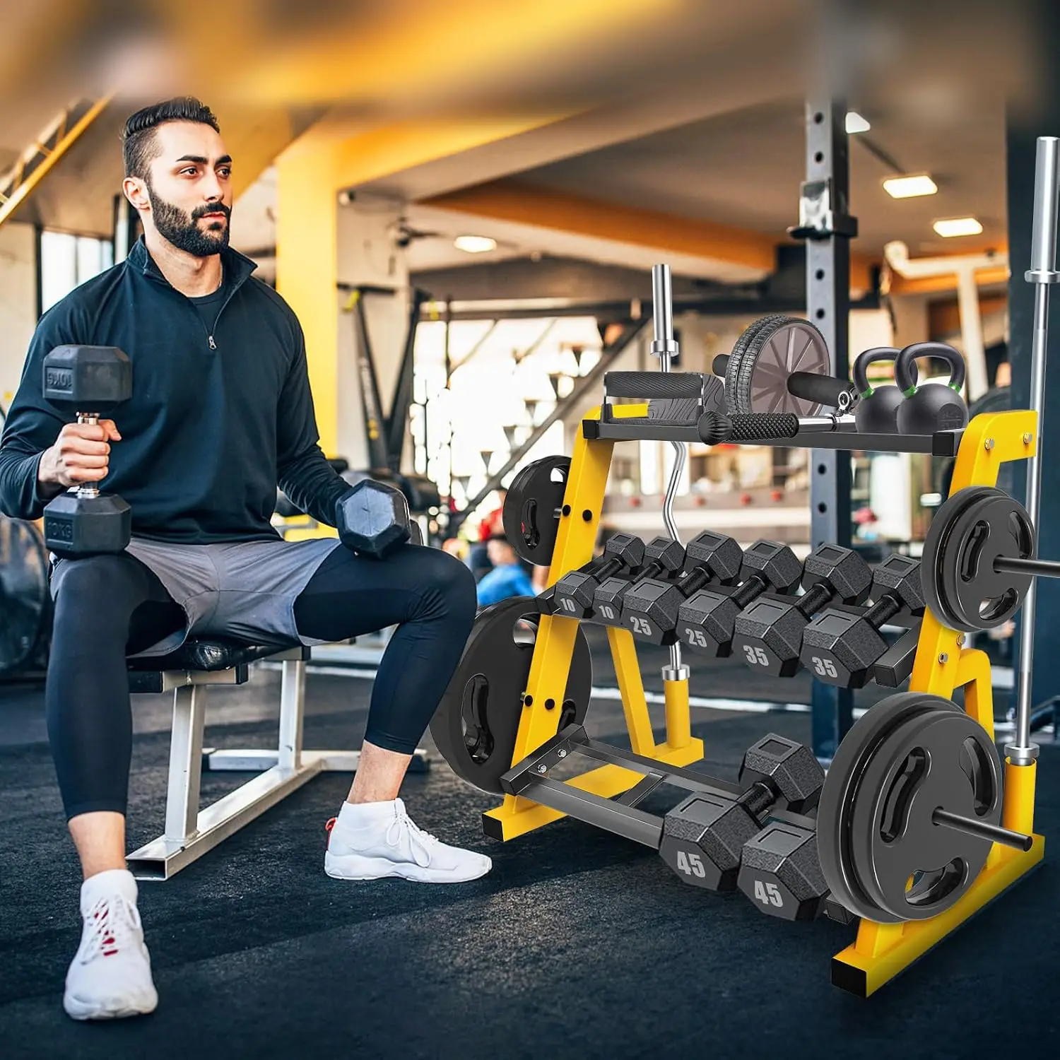 Heavy Duty Three Tier Dumbbell Rack Stand Multifunctional Weight Rack Storage Holder Display Stand Base Unit For Dumbbell Kettlebell Barbell Plate Barbell Bar Home Gym Yellow Black - view 7