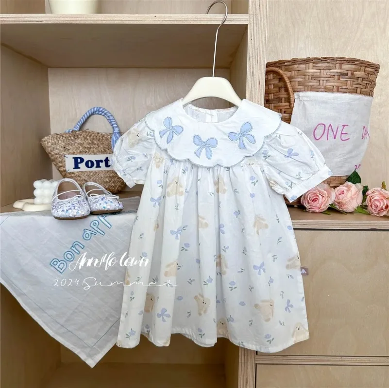 

Summer 2024 Kids Clothes for Baby Girls Dress Cute Cartoon Rabbit Bow Floral Dress Sweet Party Dresses Lolita Dress 2-8y