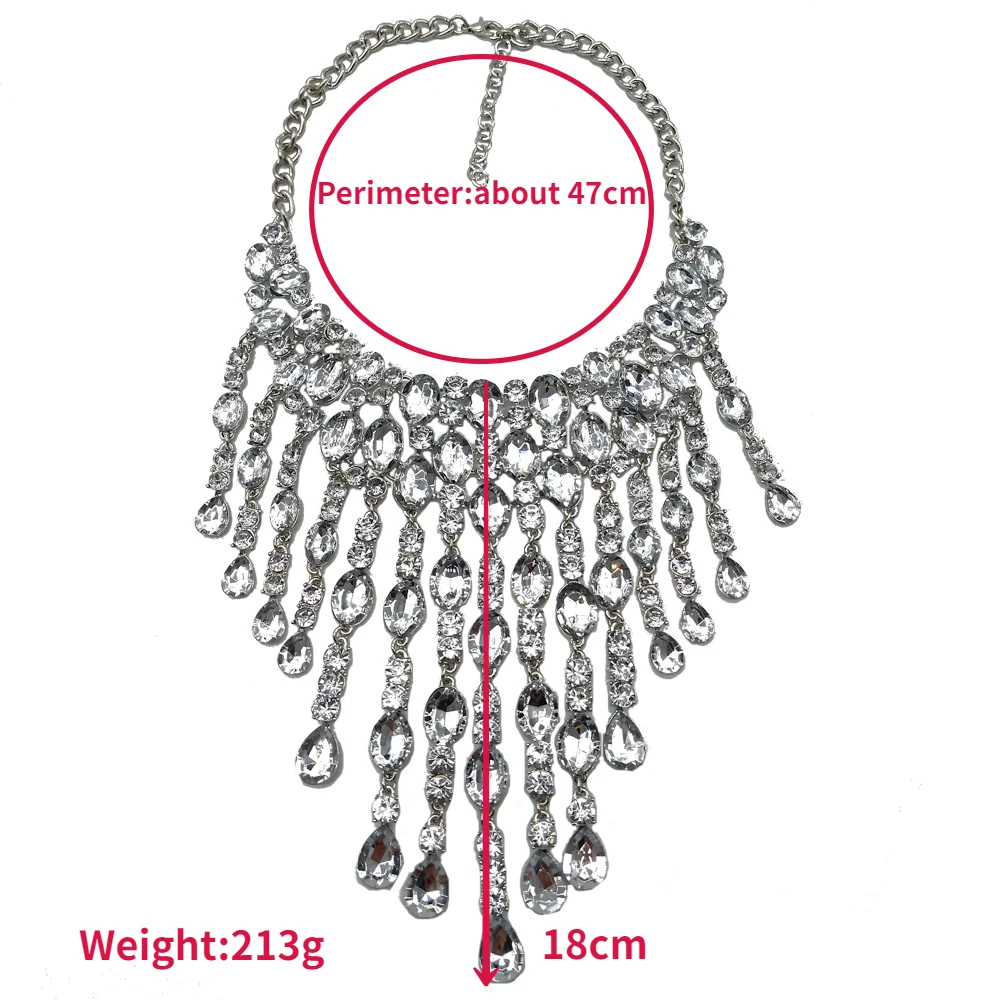 Fashion Maxi Clear Crystal Choker Necklace for Women Long Tassel Statement Necklace Pendants Chunky Collar Jewelry Wholesale