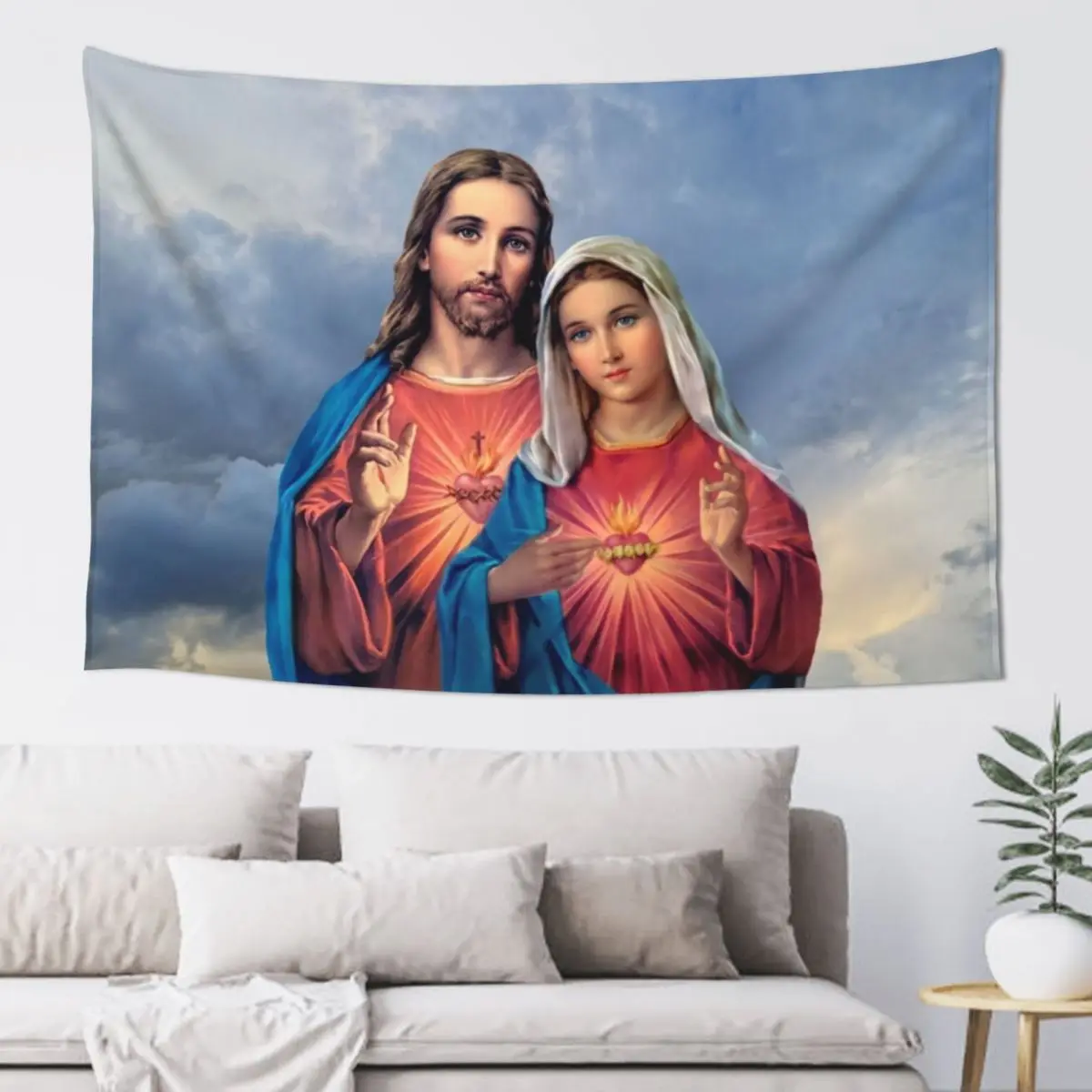 

Twin Hearts very close together - I (Jesus and Mary) sky background Tapestry Outdoor Decor Aesthetic Room Decors Tapestry