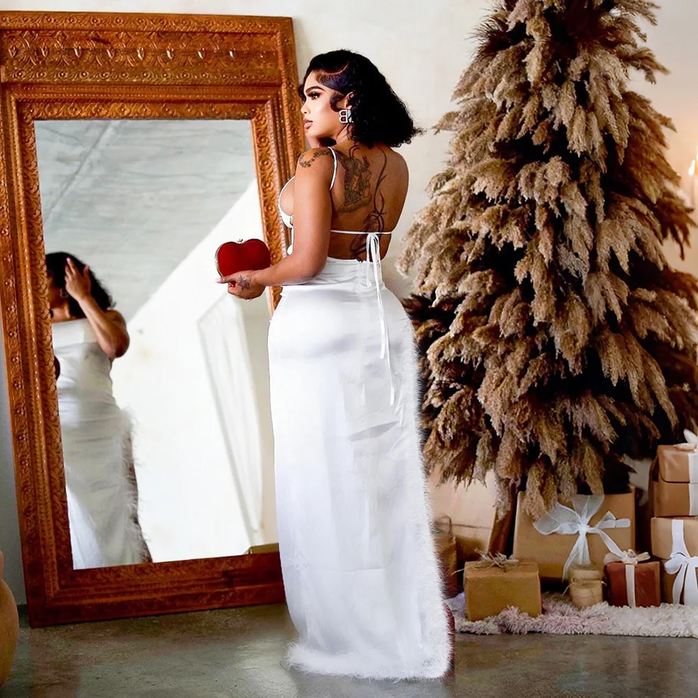 HLJ Sexy High Slit Fur Patchwork Bodycon Long Dress Women Summer New Solid Spaghetti Strap Backless Dresses Female Streetwear