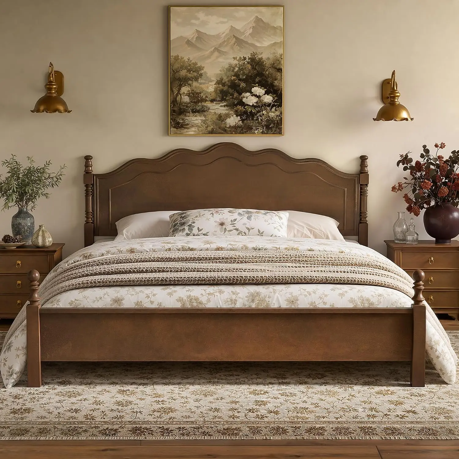 Vintage Wood Platform Bed Frame Spindle Post Curved Headboard No Box Spring Needed King Size, Customized