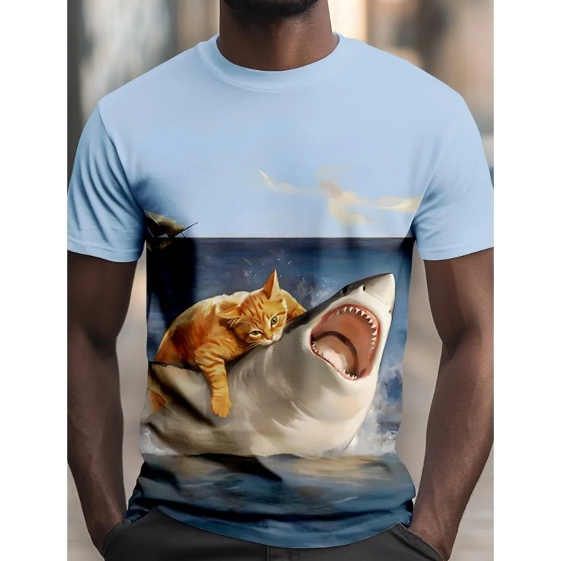 Cool Music Cat Shark Pattern T Shirt For Men Guitar Skateboarding 3D Printed Tees Casual Short Sleeve O-Neck Top Street T-Shirts