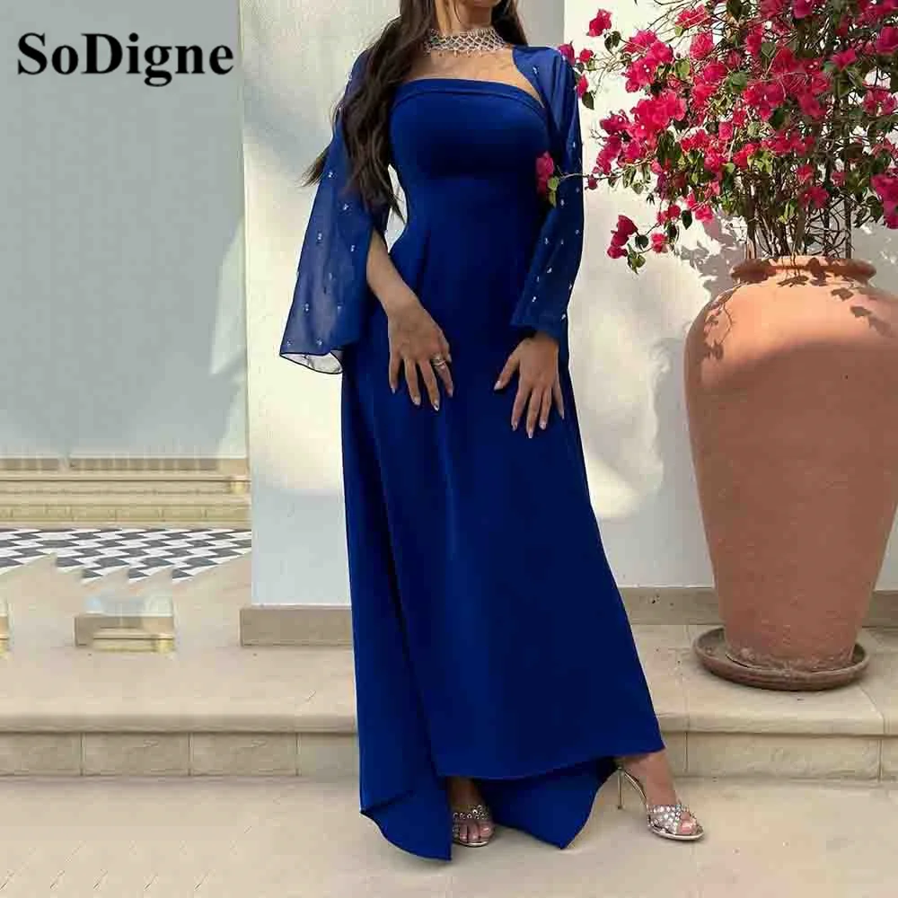 

SoDigne Royal Blue Mermaid Evening Dresses With Cape Long Sleeves Saudi Arabic Women Formal Wedding Party Prom Gowns