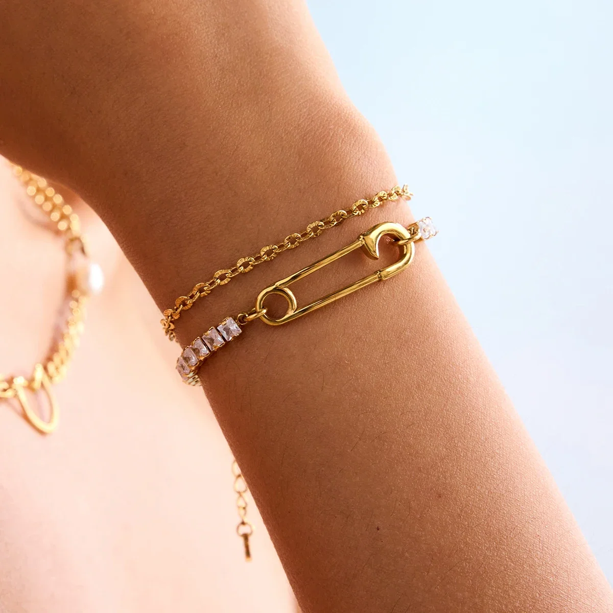 

Simple Classic Square White Zircon Bracelet Paper Clip Double layer Bracelet Stainless Steel Chain Women's Jewelry Party