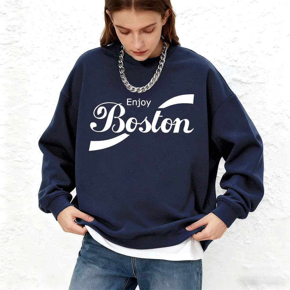Enjoy Boston Letter Printed Womens Hoodies Autumn Oversized Sweatshirts Sports Crewneck Jogging Pullover Basics Woman Clothes