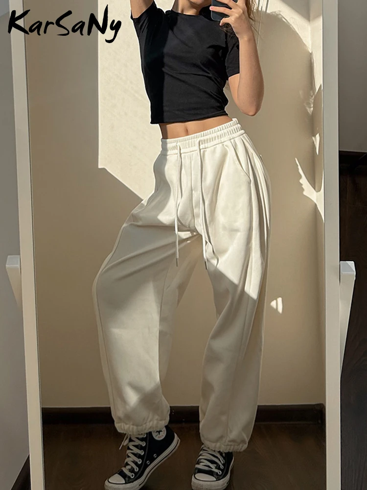 Autumn Wide Leg Pants Women Elastic High Waisted With Drawstring Casual Loose Solid Color Cotton Sporty Style Pant For Girls