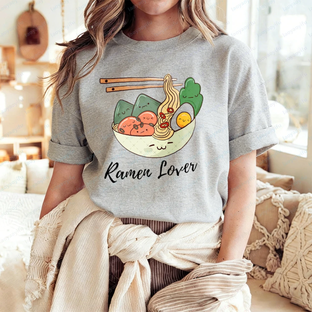Ramen Lover T-Shirt Cute Kawaii Ramen Bowl Graphic Tops Japanese Food Cotton Tee Fashion Streetwear Clothes for Women Ropa Mujer