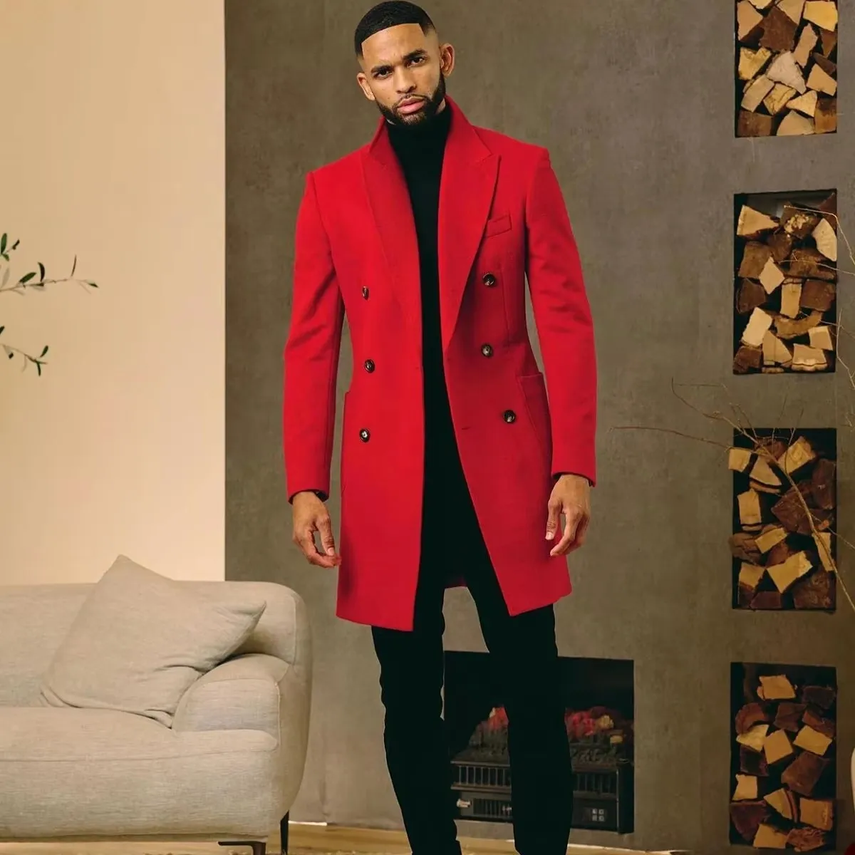 Red Long Jacket Peaked Lapel Suit Coat Men's Suits Slim Fit Prom Party Wedding Tuxedo Luxury Double Breasted Blazer 1 Piece