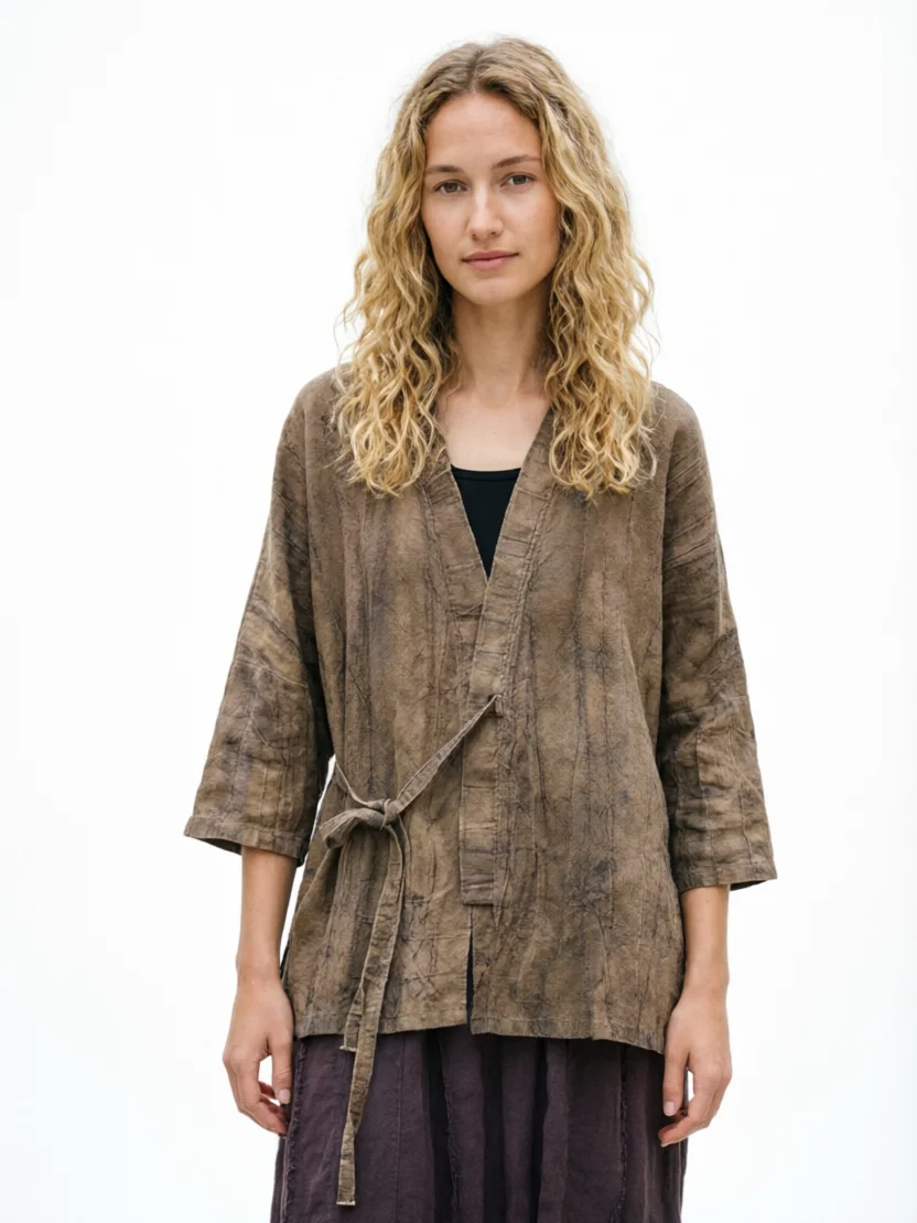Vintage Tie Dye Wrinkled Ramie Fabric Kimono Women Wandering Style Tie Wrap Jacket