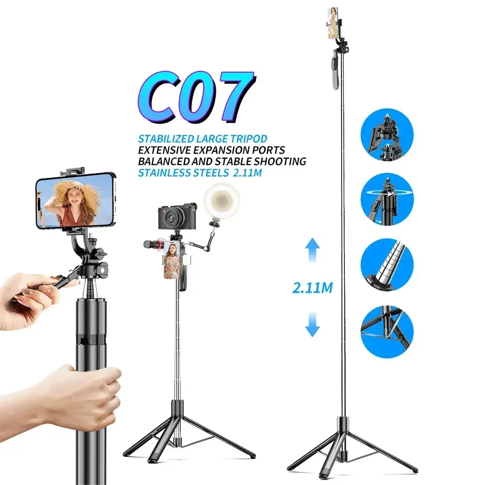 C07 2.11m Balanced Stable Shooting Bluetooth Expansion Tripod Selfie Stick Stabilizer Tripe Stand for Cell Phone