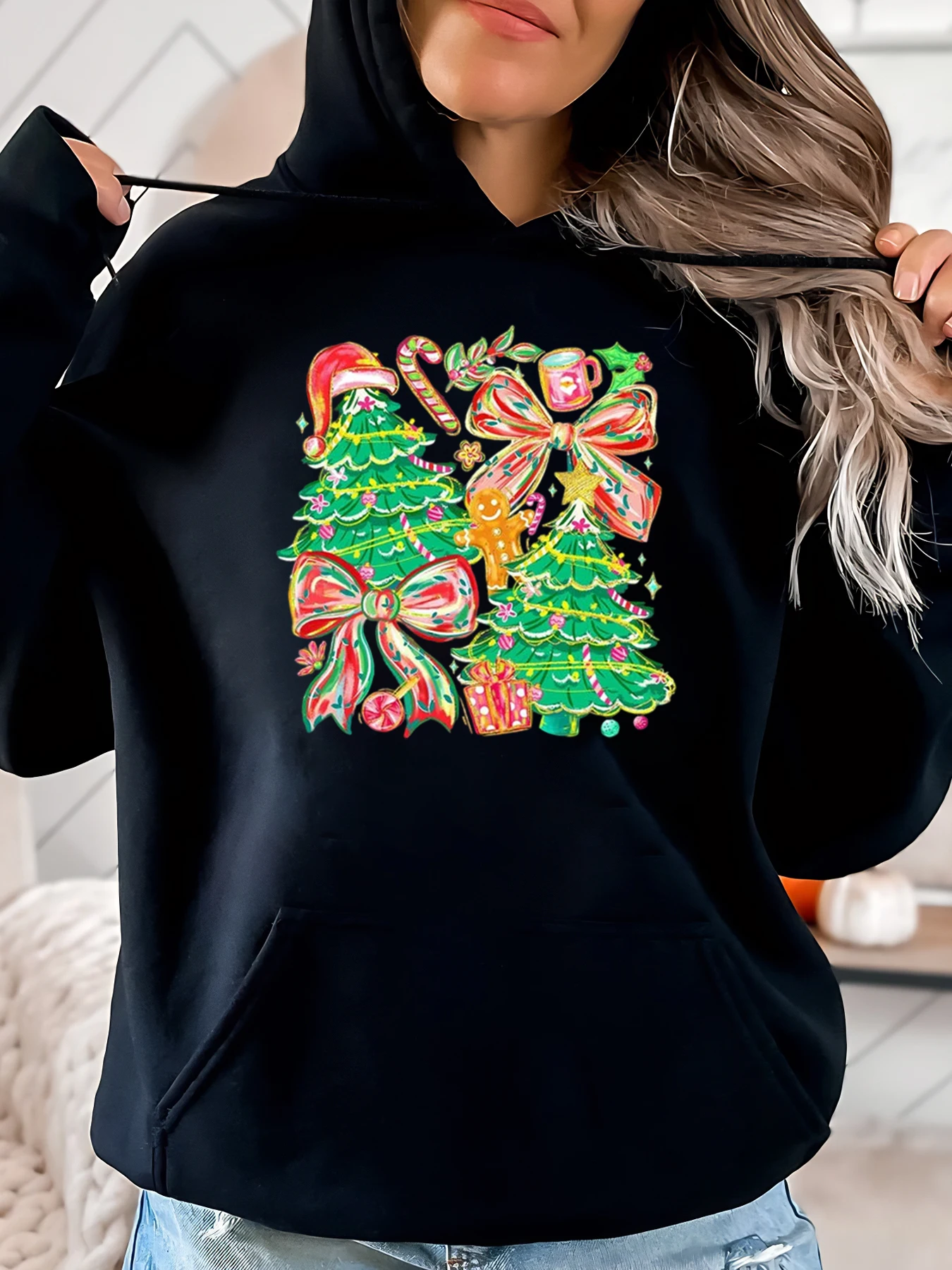 

Праздничная толстовка с принтом рождественской елки и банта, женская повседневная одежда, праздничный наряд, черный, больших размеров