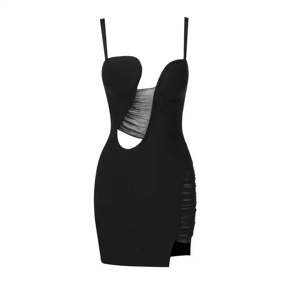 Women\'s Sexy V-Neck Sleeveless Black Hollow Out Mesh Patch Bandage Tight Mini Dress Elegant Fashion Celebrity Party Dress