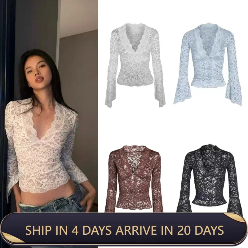 Trendy And Fashionable New Sexy Interior With Spicy Girl Pure Desire Style V Neck Hollowed Out Lace Trumpet Sleeves Slim Fit Top