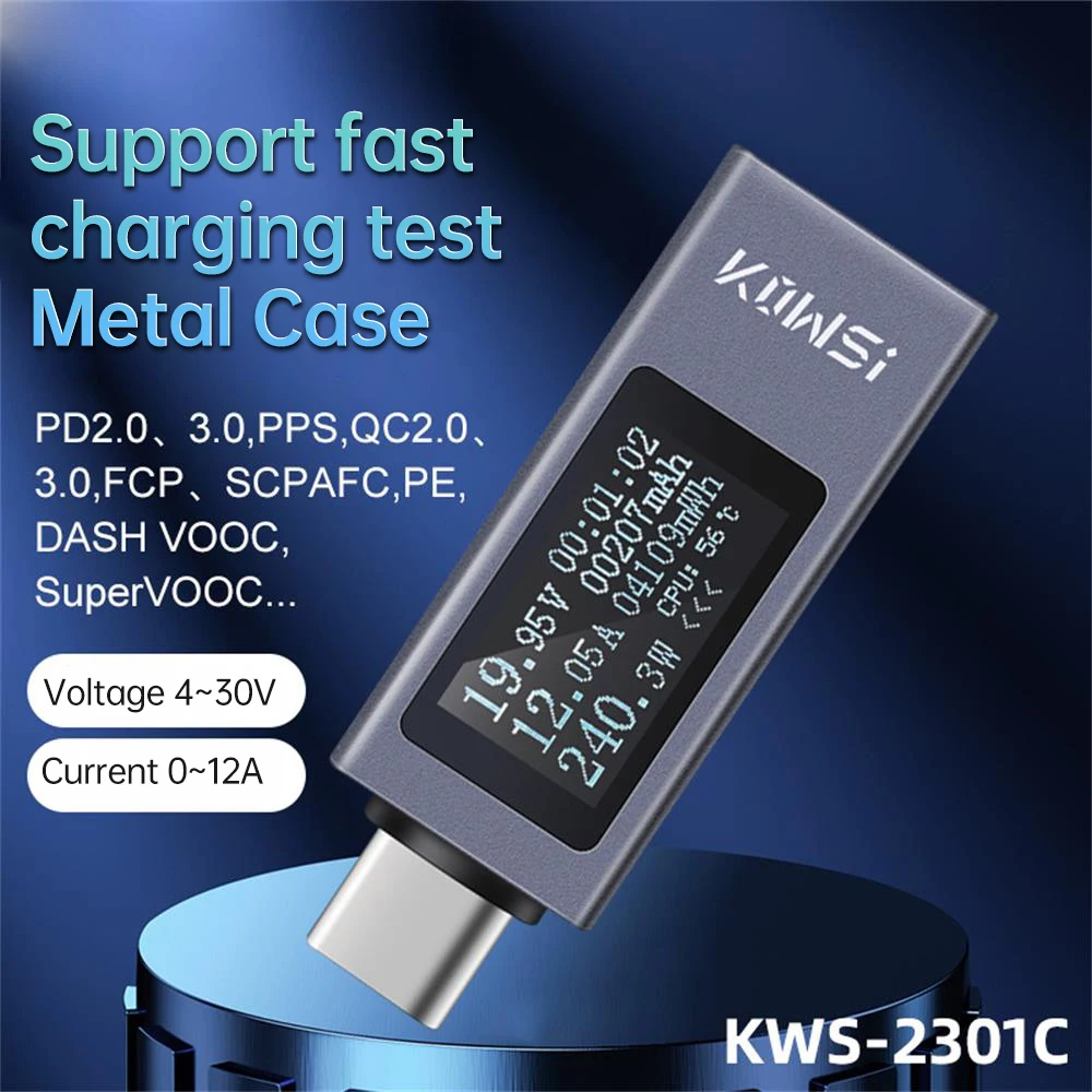 KWS-2301C tipo-C teléfono celular probador de carga multifunción pantalla digital DC voltaje amperímetro DC 4-30V 0-12a medidor de potencia