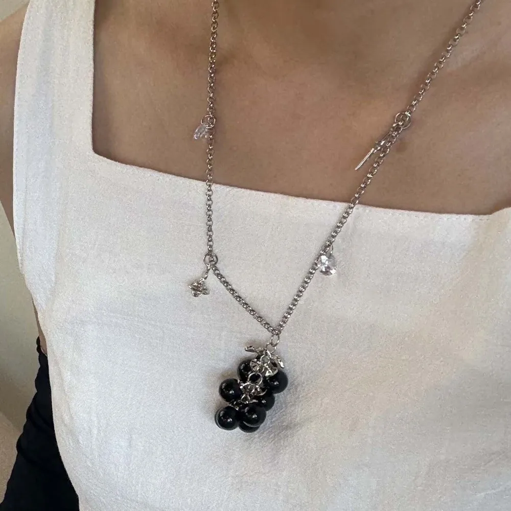 Beaded Grape Cluster Necklace Translucent Metallic Starburst Choker Layering Saturn Fruit Cluster Charm Goth Girls