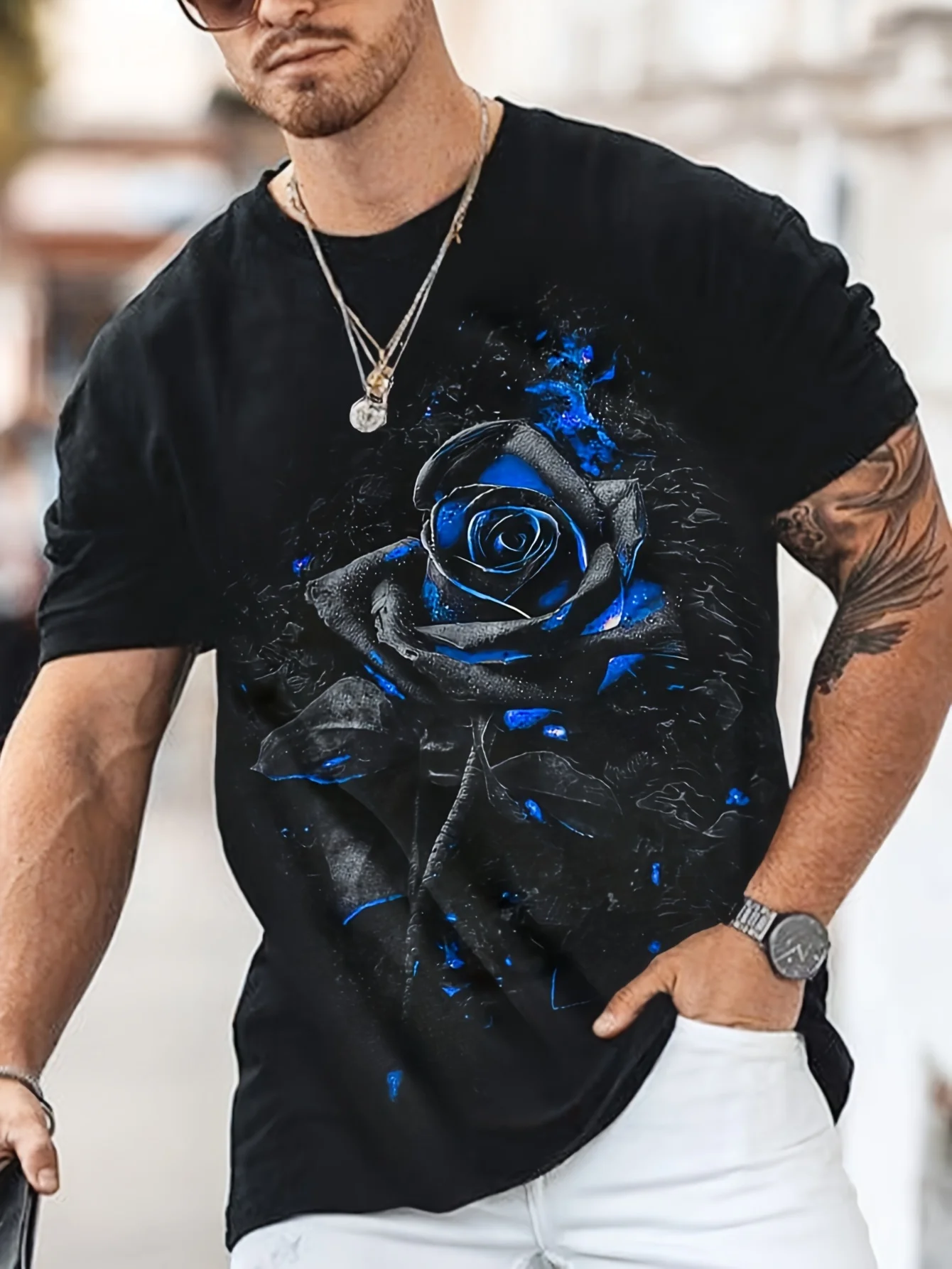 

Fashion 3D Rose Print T Shirt For Men Casual O-neck Short Sleeve Tops Street Trend Summer Loose Black Tees Funny Men's T-shirt