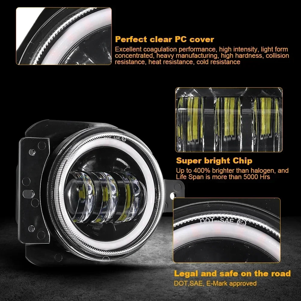 60W LED Front Fog Lights DRL with Wire Harness & Mounting Bracket With Halo Ring Angel Eyes for Jeep Wrangler JL 2018-2022