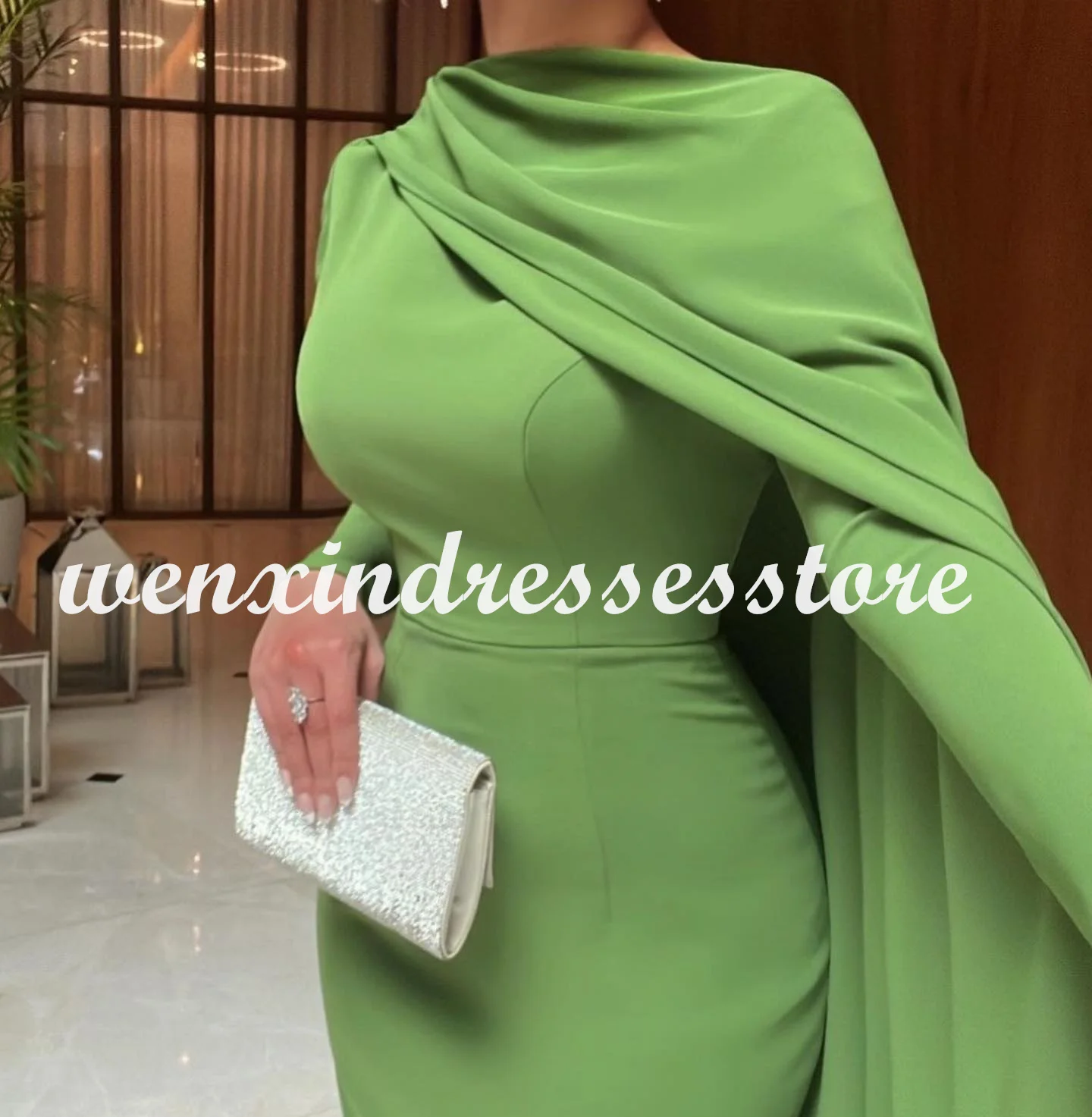 Simple Green Evening Dresses Long Prom Dresses Straight High Collar Jersey Saudi Arabia Pleat Watteau Train Wedding Party Gowns