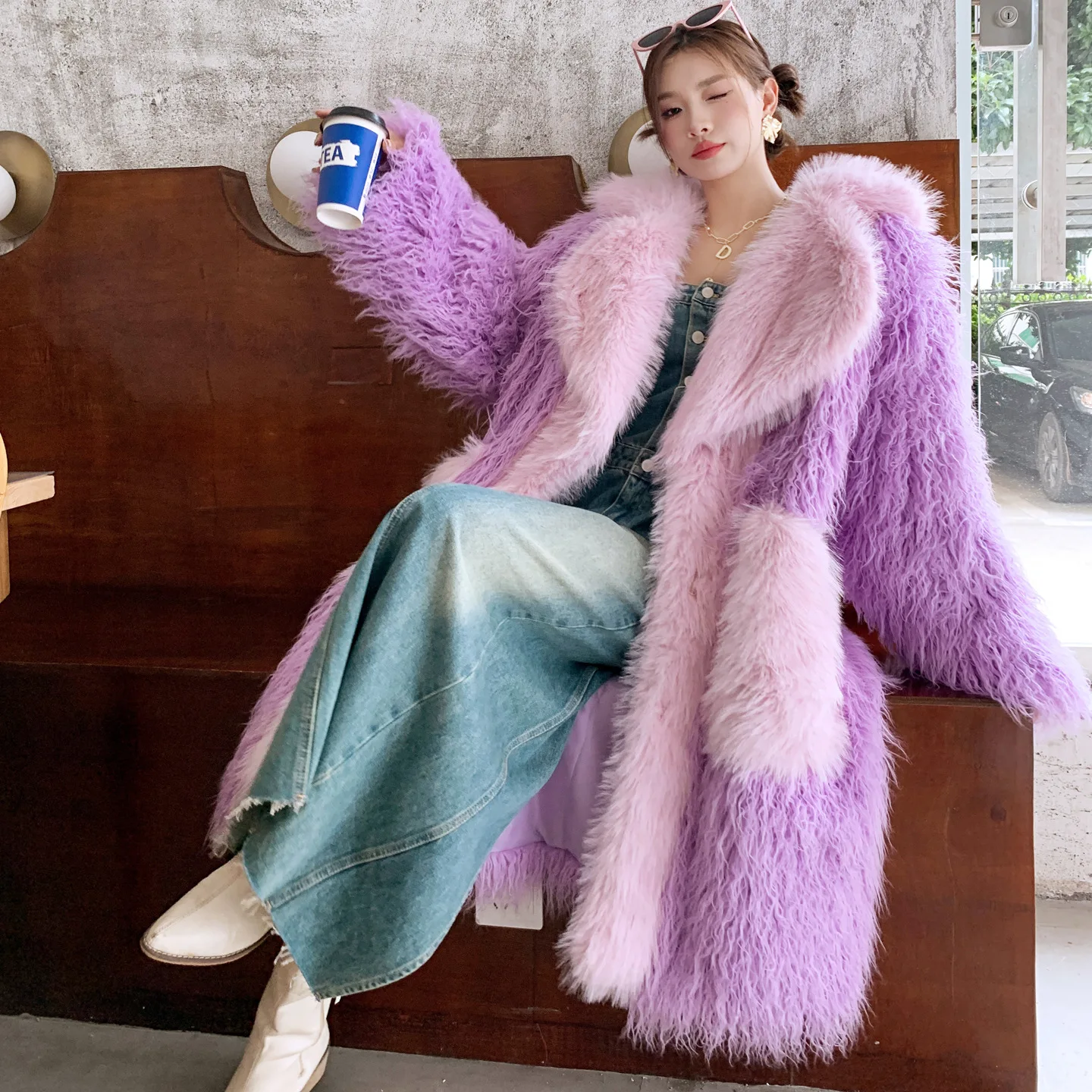 Long Coat Women Mixed Faux Fur Jackets Turn Down Collar Pocket Thick Warm Y2k Streetwear Loose Elegant Work Casual Autumn Winter