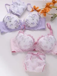 십대 귀여운 모인 브래지어 얇은 속옷, 대형 스틸 링, 얕은 컵, 자수 꽃 란제리 세트