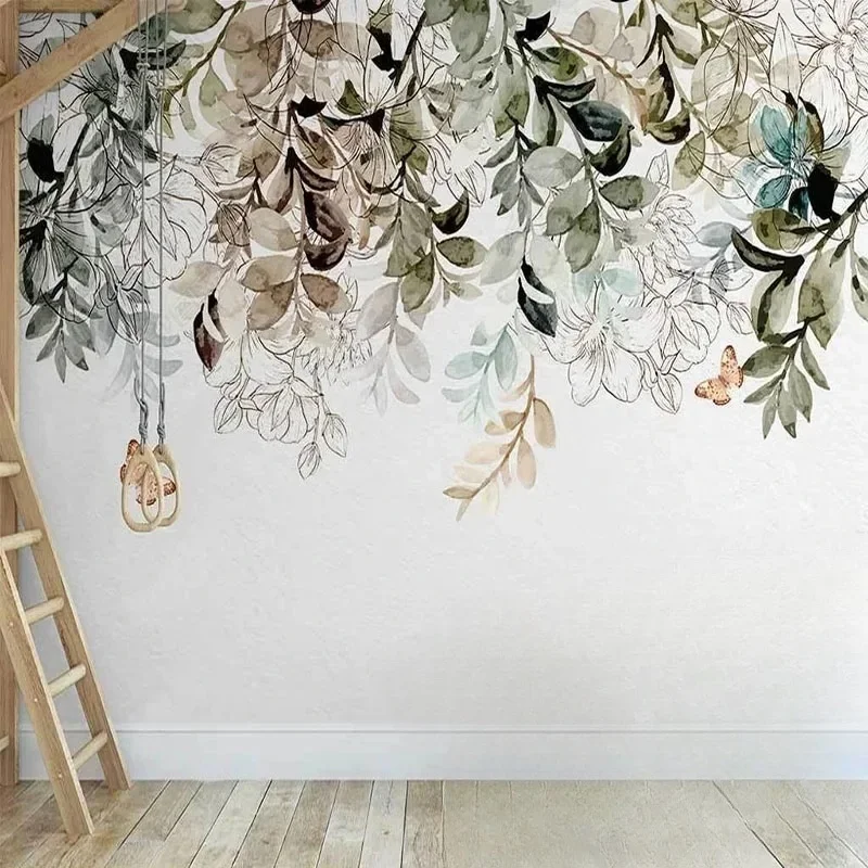 Custom Mural Wallpaper 3D Nordic Ins Hand-Painted Leaf Butterfly Flower Indoor Background Wall Decor Papel De Parede 3D Frescoes