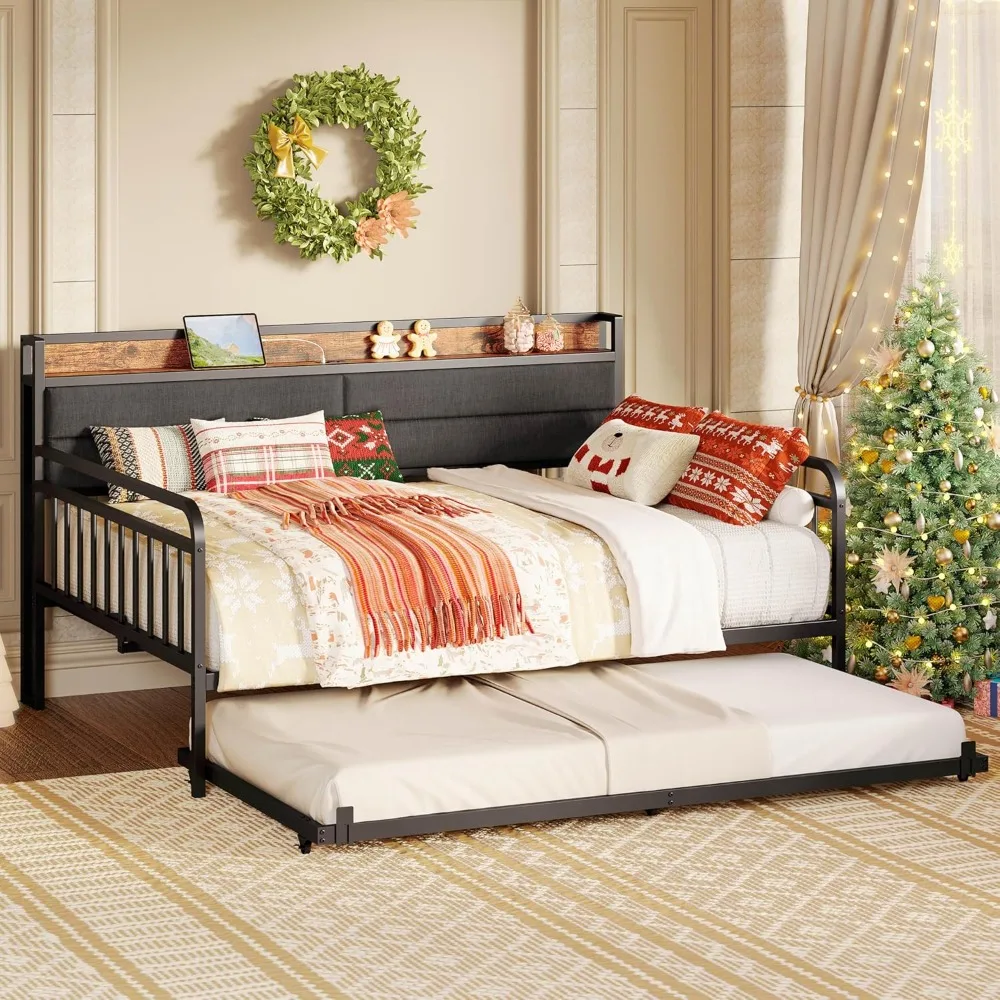 Daybed with Trundle, Sturdy Metal Full Size Bed Frame with Twin Trundle, Upholstered Headboard and Charging Station