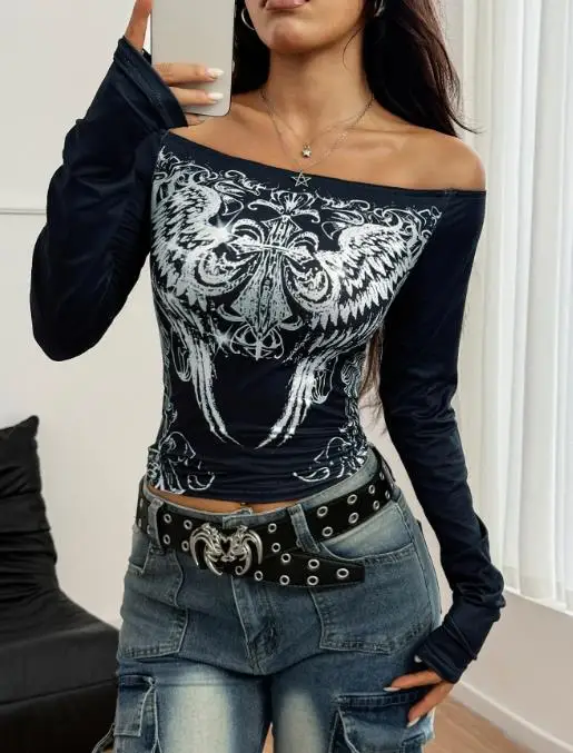 Y2K ผ้าฝ้าย T เสื้อผู้หญิงเซ็กซี่หนึ่งไหล่ Retro พิมพ์เซ็กซี่แขนยาวแน่นอเนกประสงค์ทุกวันผู้หญิง TOP เสื้อผ้าผู้หญิง