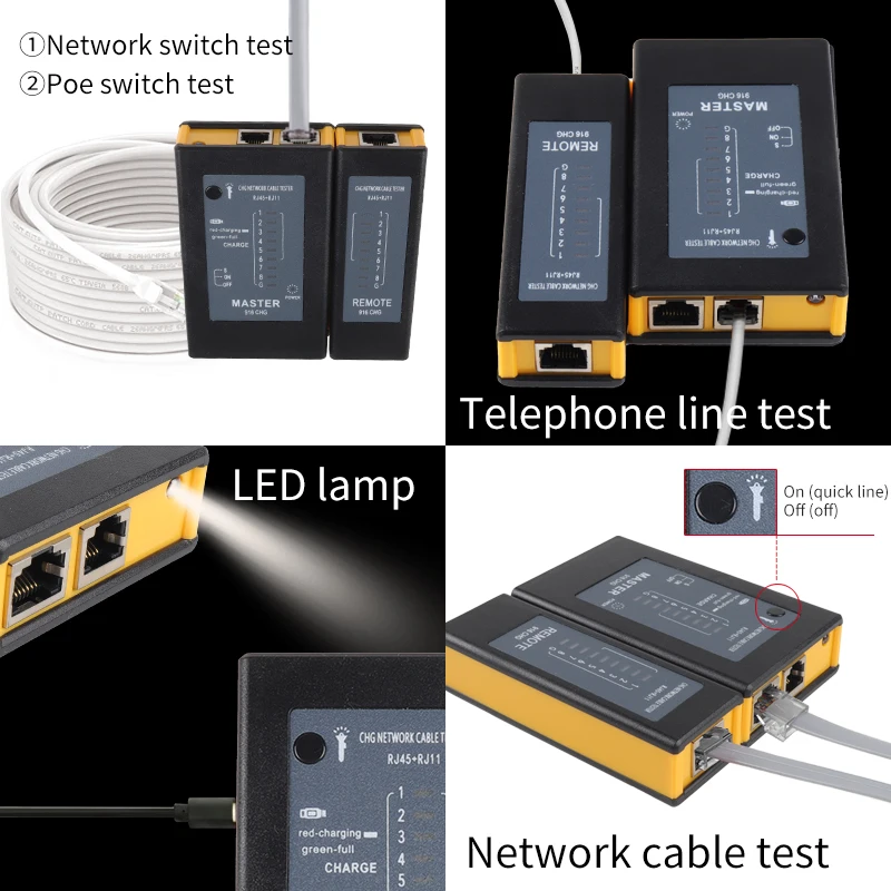 Penguji kabel jaringan RJ45 RJ11 POE 220V Cat5 Cat6, dapat diisi ulang tipe LAN kabel Tester jaringan kawat detektor garis Telepon