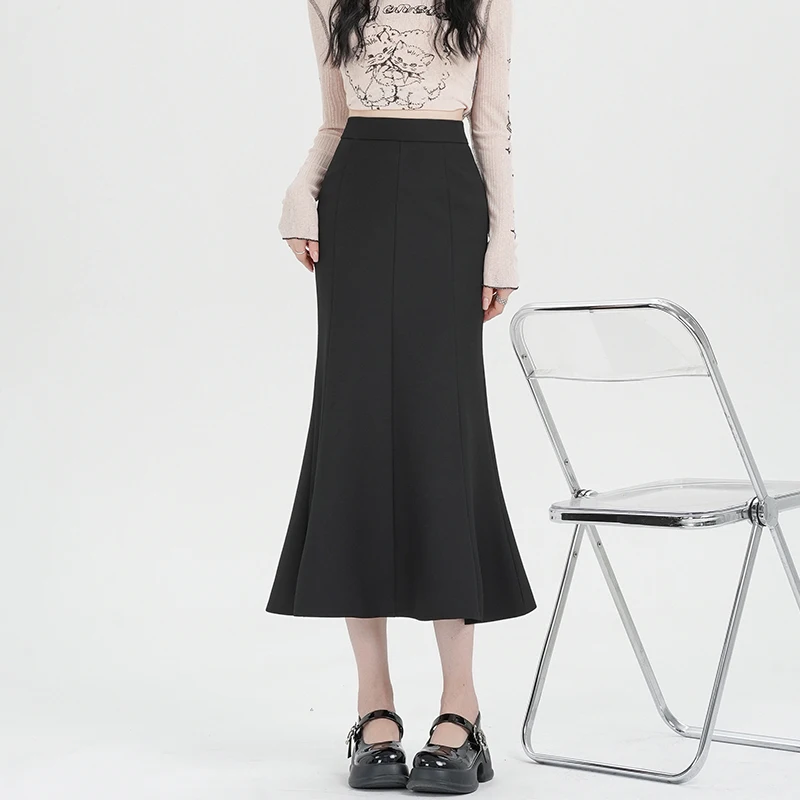 Jesienne spódnice damskie z wysokim stanem w stylu vintage, czarne, kopertowe, typu rybka, nowe, eleganckie, do biura, ołówkowe, w kształcie litery A, syrenie, na rok 2025.