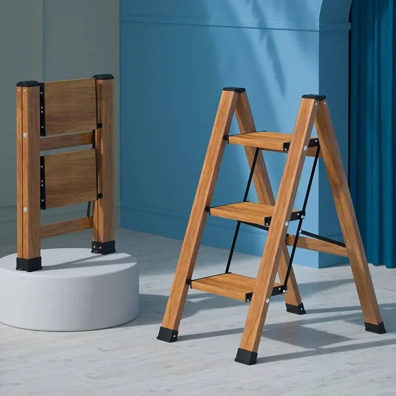 Multi-Functional Wood Grain Ladder: Portable 3-Step Foldable Ladder, Herringbone Flower Stand