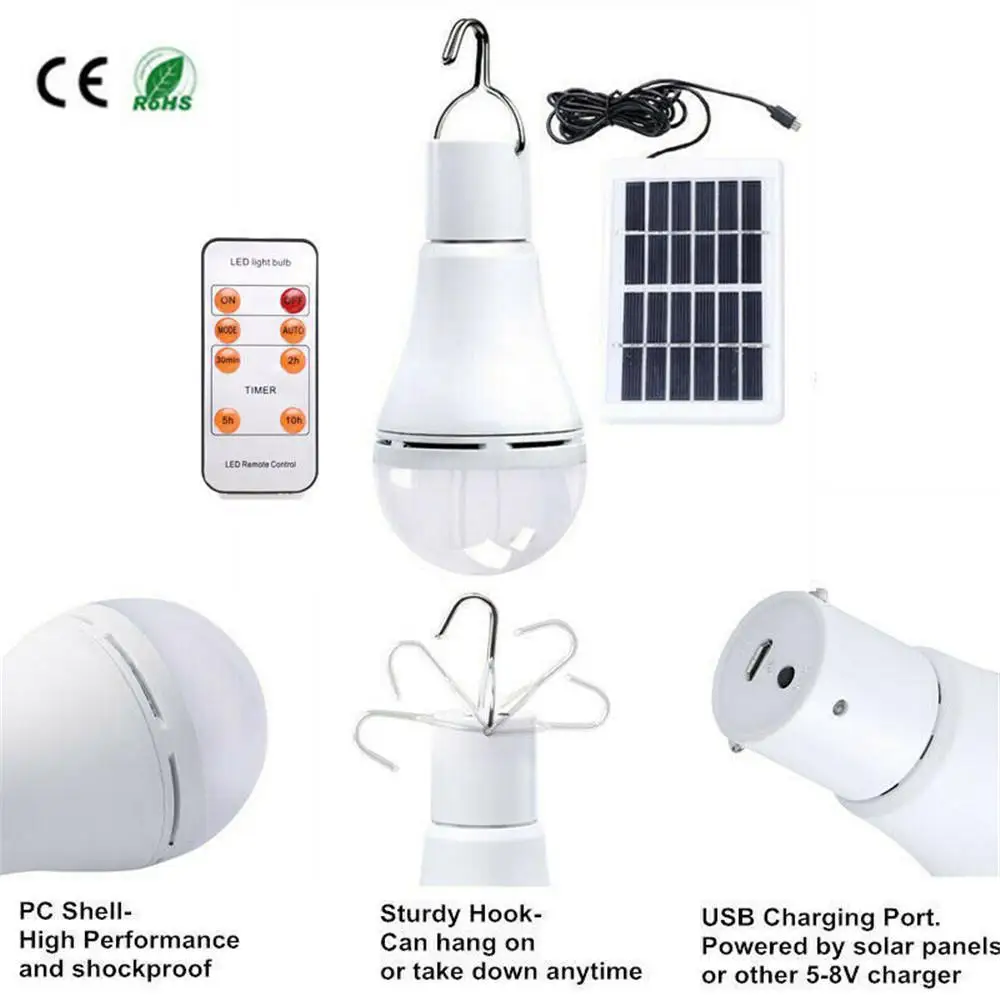 

LED Solar Lamp Bulb Outdoor Waterproof Remote Control Timing Solar Garden Hanging Light Hiking Camping Fishing Emergency Lights