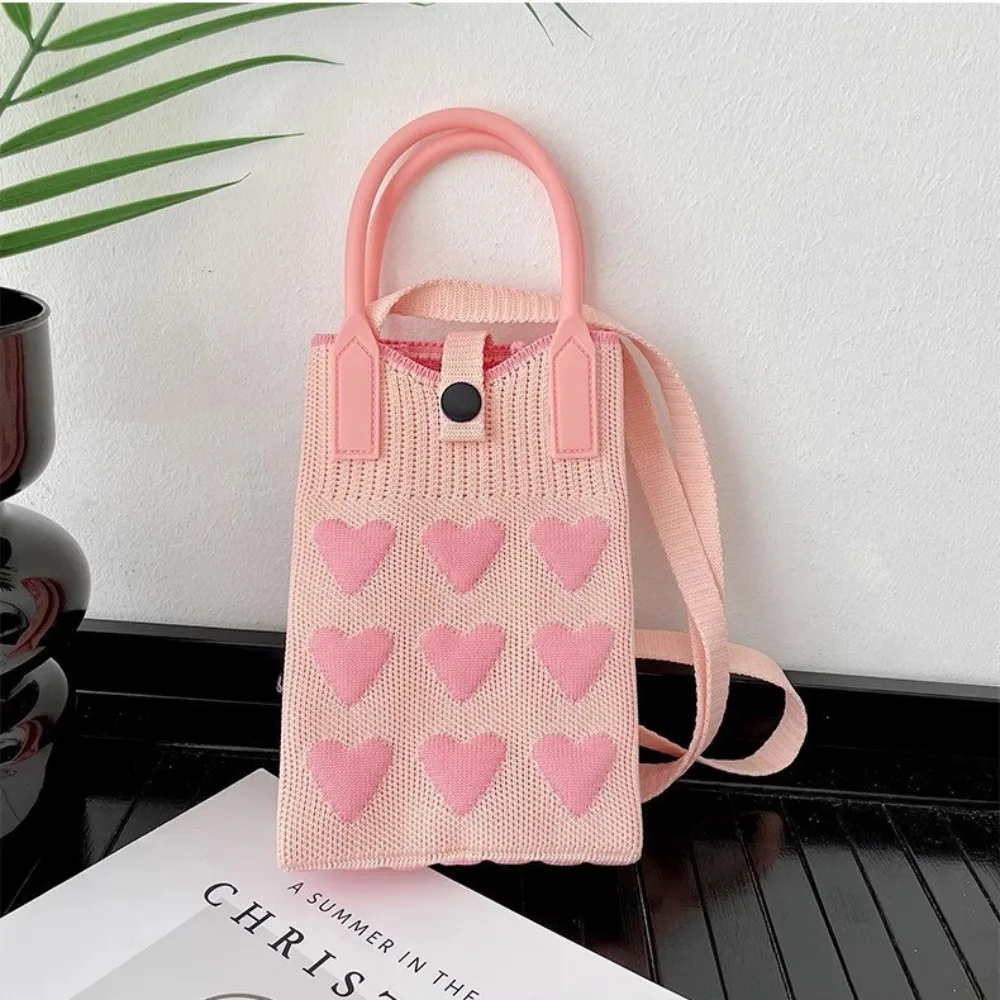 

Love Knitted Mobile Phone Bag Silicone Handle Fashion Knitted Crossbody Bag Mini Korean Women Mini Shoulder Bag Phone Pouch