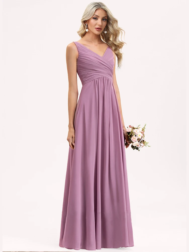 XUIBOL Elegant V-Neck Chiffon Evening Dress Luxury 2024 Bridesmaid Gown Prom Cocktail Long Party Dress Vestido Robe for Women