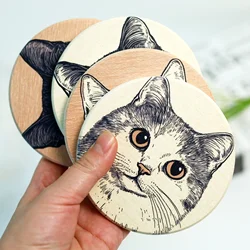 Round Coasters Ceramic Cat Cork Absorbent Insulated Table Protection Non-Slip Drinks Coffee Mat Kitchen Items Accessories