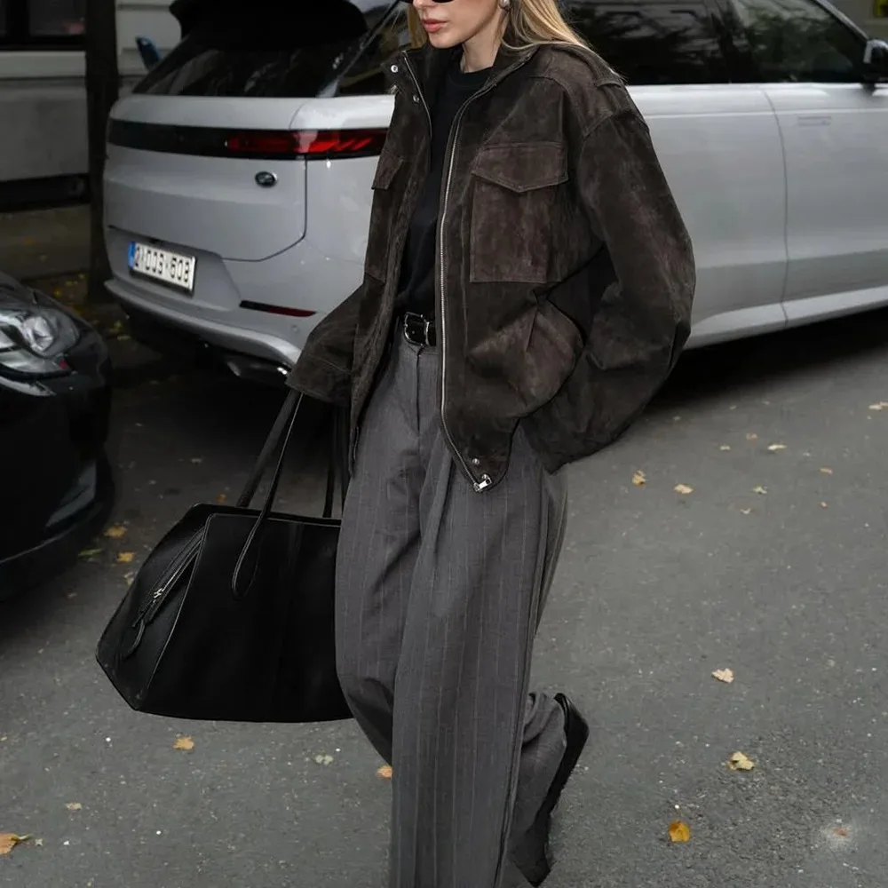 KONDALA, cazadora elegante de gamuza para mujer, abrigo holgado recto con bolsillo de manga larga para mujer, moda 2021, ropa de calle para Otoño e Invierno