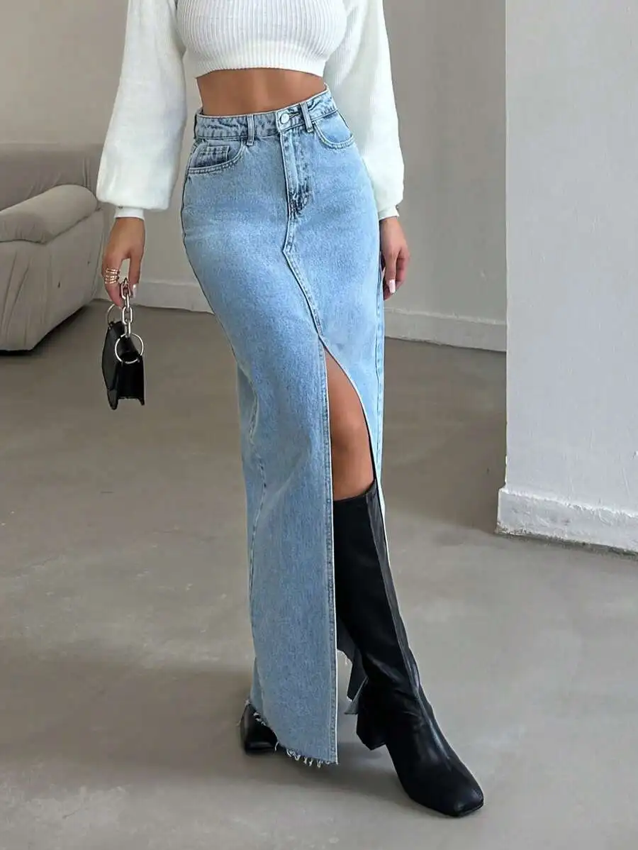 

Женская джинсовая юбка миди с высоким разрезом и карманами, облегающий крой