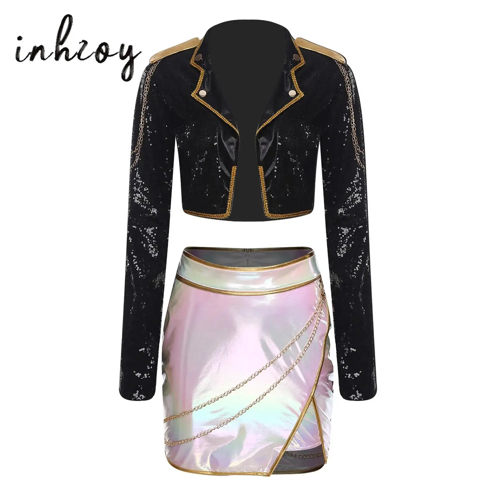 

Women's Kpop Singer Outfit Metal Chain Gold Webbing Trim Open Front Cardigan Cropped Jackets+Miniskirt for Party Stage Clubwear