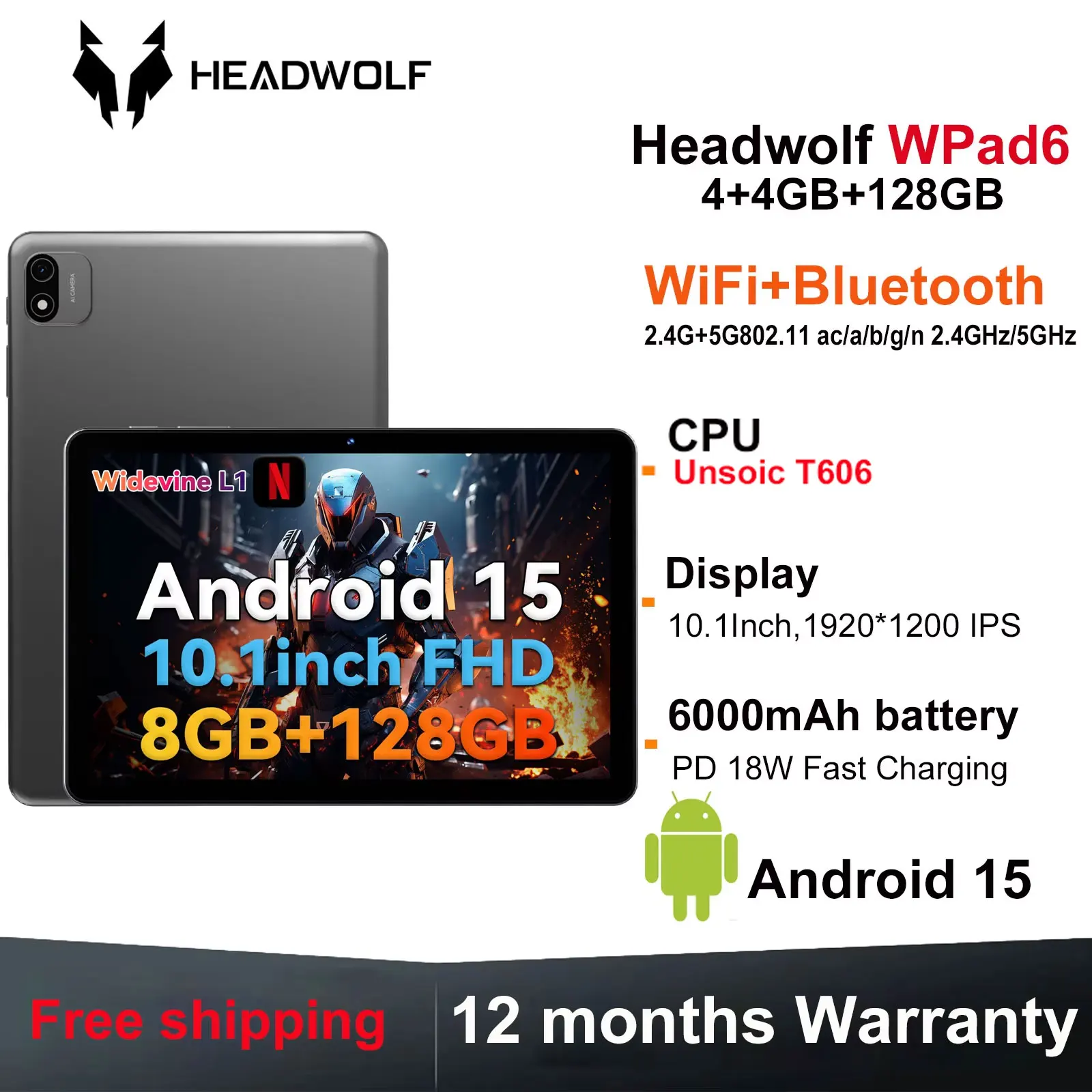 Headwolf WPad6 Android 15 tableta pantalla FHD de 10 pulgadas Unisoc T606 4 + 4GB Ram128GB ROM WiFi Gaming Tablet PC 6000 mAh batería